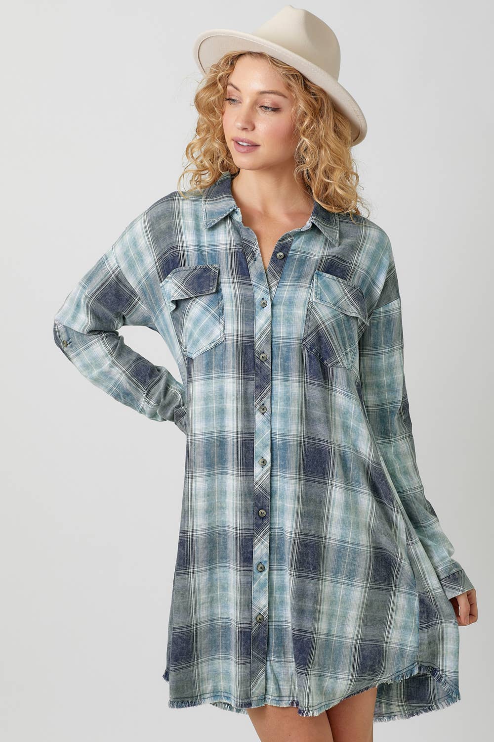 Washed Plaid Shirt Dress