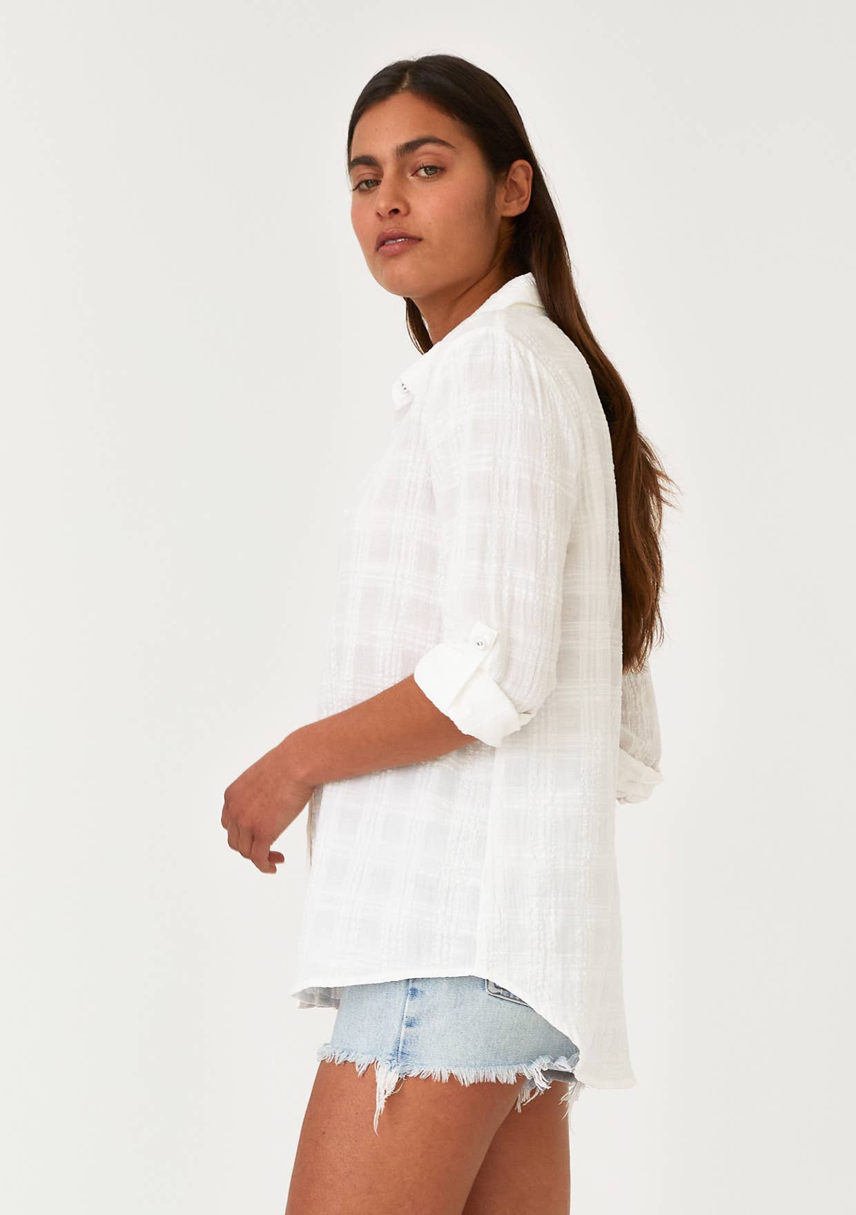 Puckered Long Sleeve Button Down Blouse