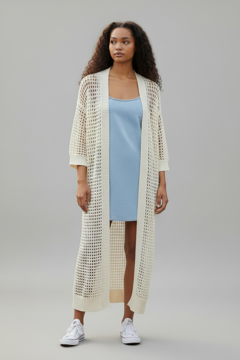 Open Knit Long Kimono