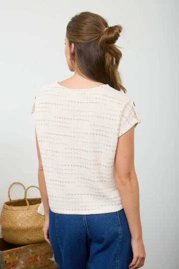 MULTI-COLOR STITCH SPLIT NECK TAB SLEEVE KNIT TOP
