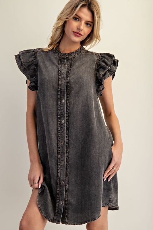 Snow Washed Button Down Ruffle Mini Dress