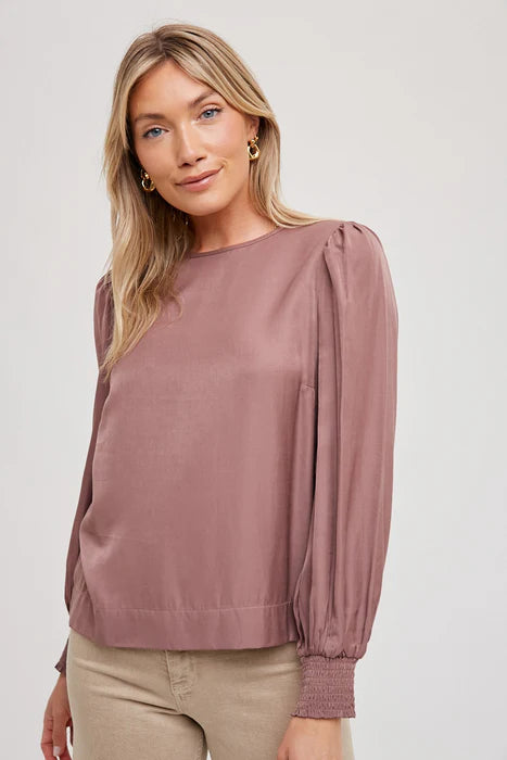 SATIN SMOCKING CUFF BAND DETAIL BLOUSE TIE BACK