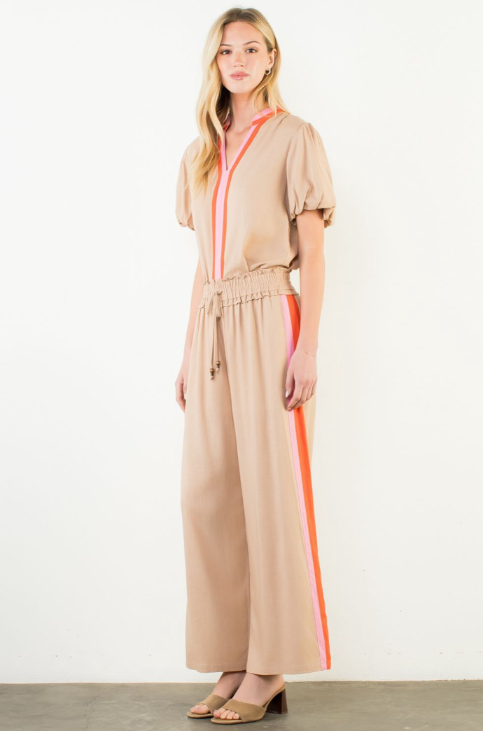 Wide Leg Side Stripe Elastic Waist Pants