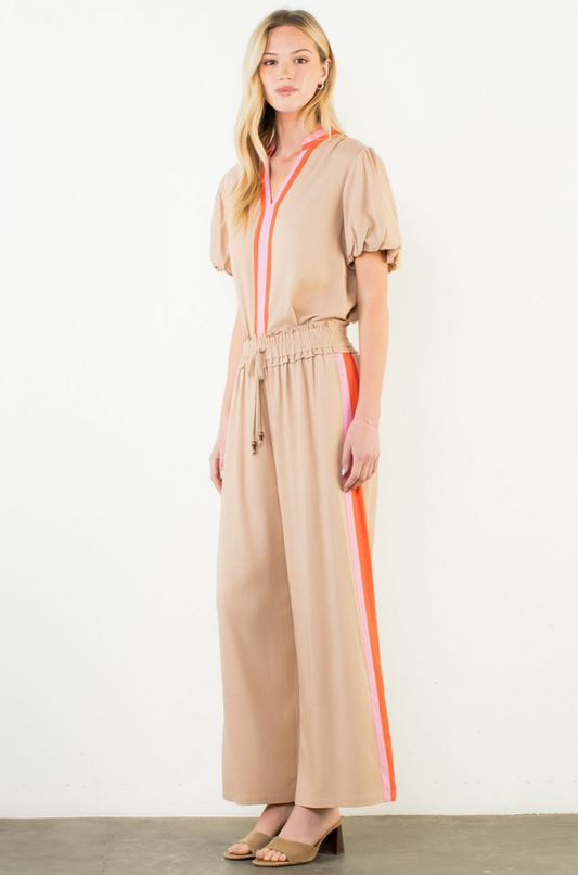 Wide Leg Side Stripe Elastic Waist Pants