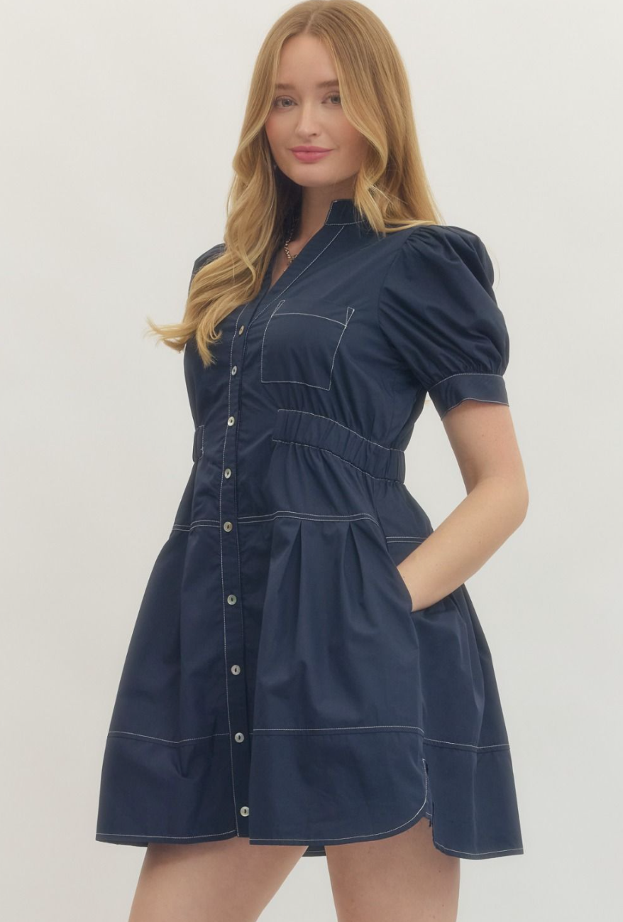 Puff Sleeve Navy Dress