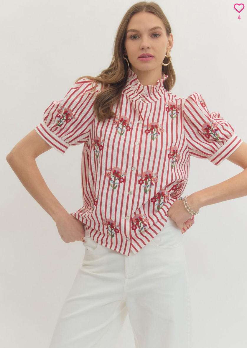 Striped Short Puff Sleeve Top
