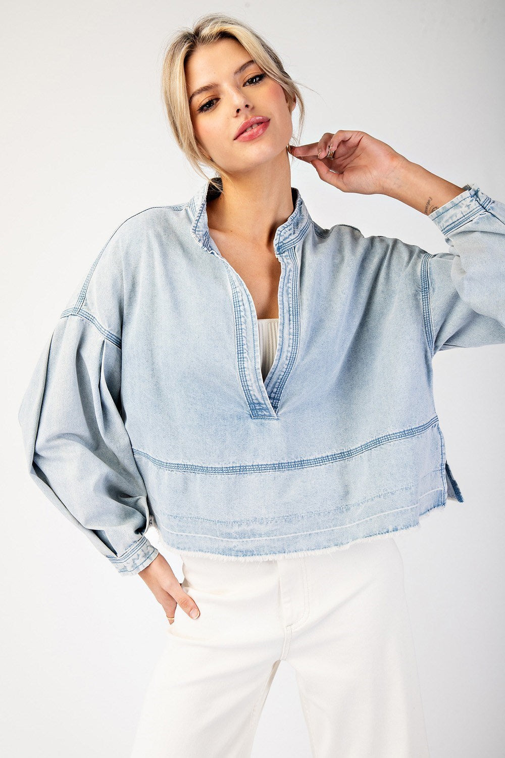 Mineral Washed Denim V-Neck Top