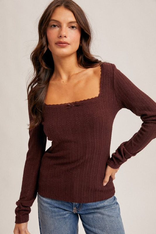 EDGE LACE NECK POINTELLE KNIT TOP