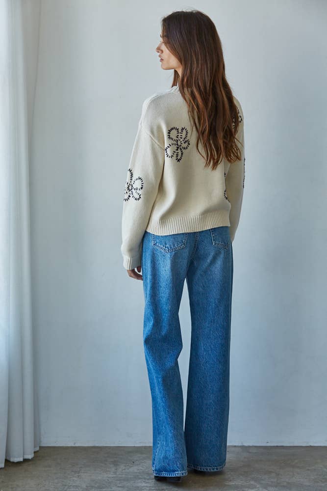 Knit Sweater Floral Stitched Top