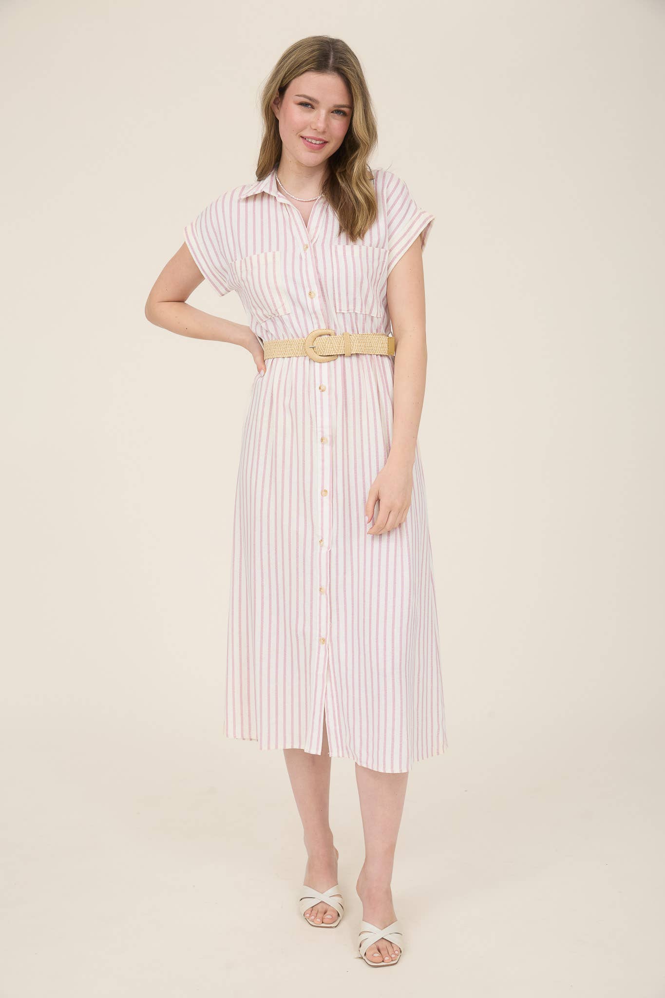 STRIPE BUTTON DOWN BELTED MIDI SHIRT DRESS