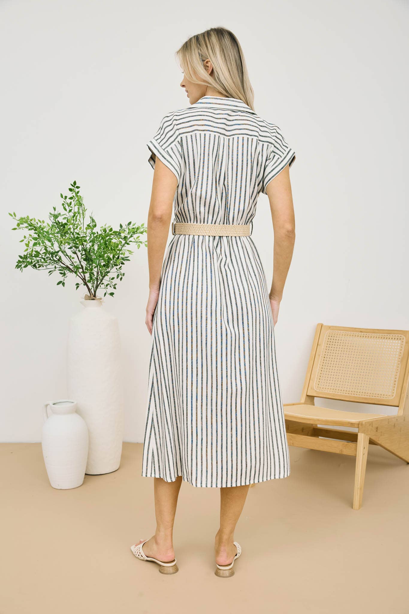 STRIPE BUTTON DOWN BELTED MIDI SHIRT DRESS