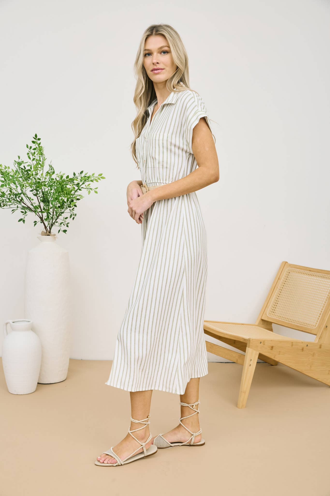 STRIPE BUTTON DOWN BELTED MIDI SHIRT DRESS