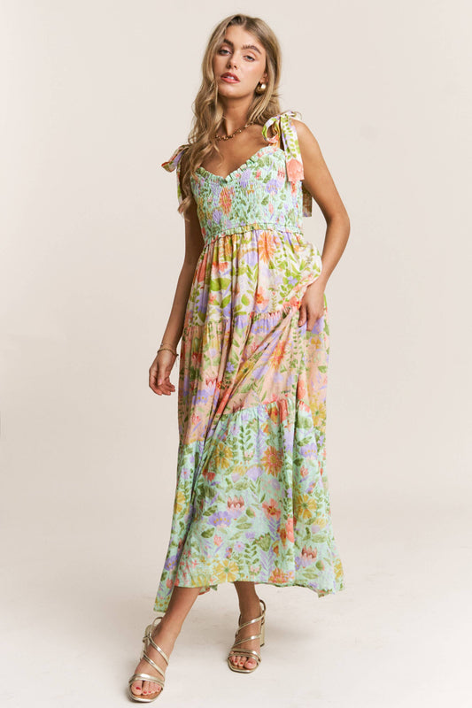 Smocked V-neck Tiered Multi Print Dress