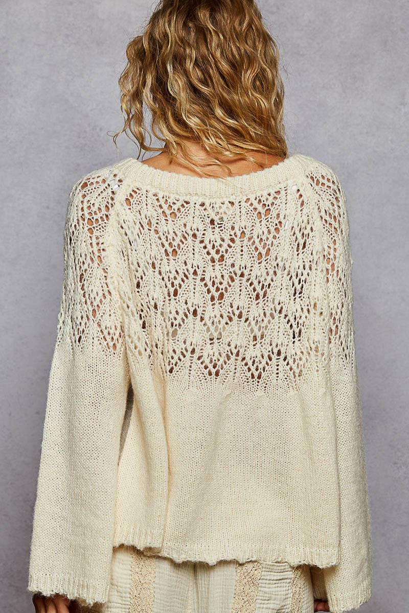 Long sleeve shirring flared solid rib band detail sweater