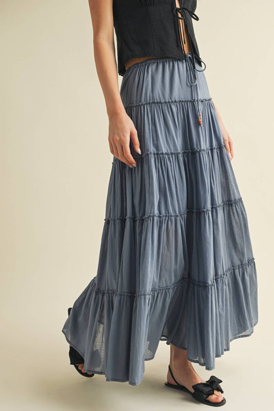 DRAWSTRING TIERED MAXI SKIRT