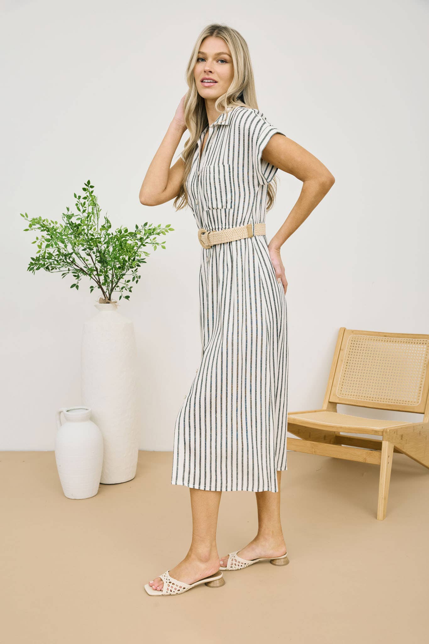 STRIPE BUTTON DOWN BELTED MIDI SHIRT DRESS