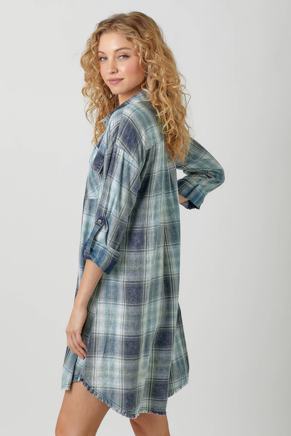 Washed Plaid Shirt Dress