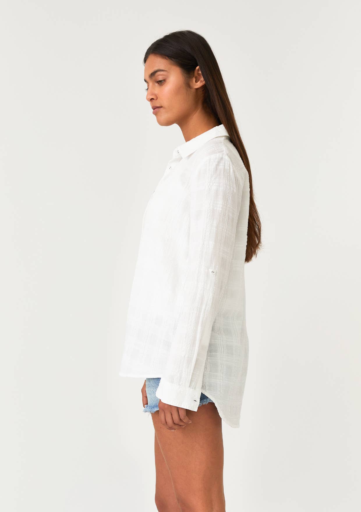 Puckered Long Sleeve Button Down Blouse