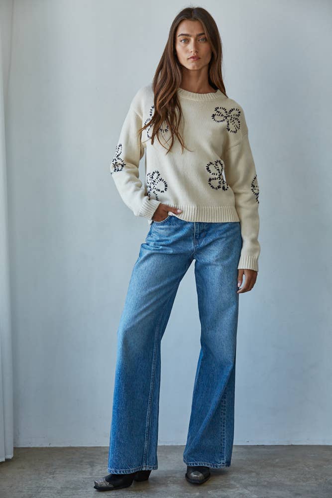 Knit Sweater Floral Stitched Top