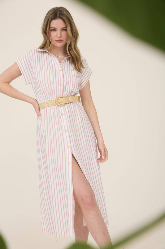 STRIPE BUTTON DOWN BELTED MIDI SHIRT DRESS
