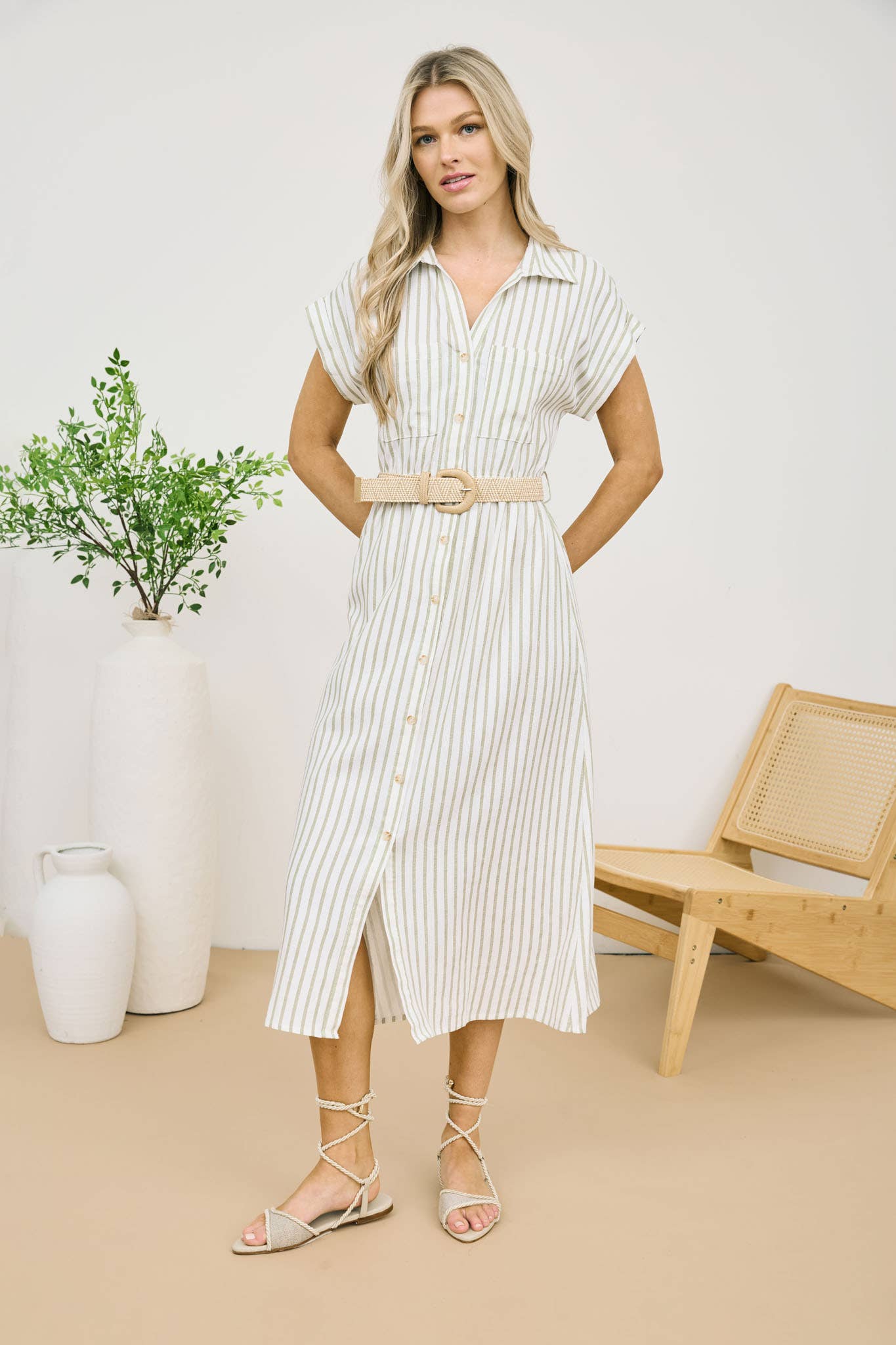 STRIPE BUTTON DOWN BELTED MIDI SHIRT DRESS