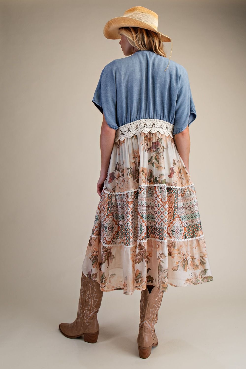DENIM MIX PRINT BOTTOM KIMONO