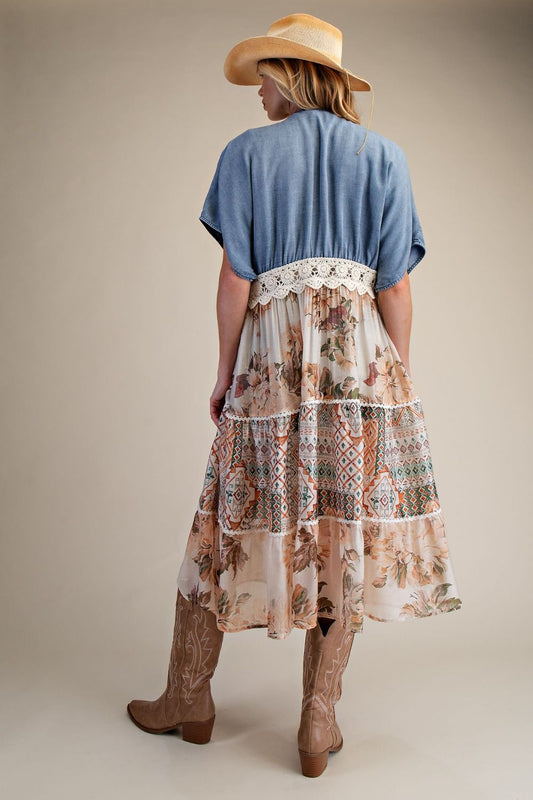 DENIM MIX PRINT BOTTOM KIMONO