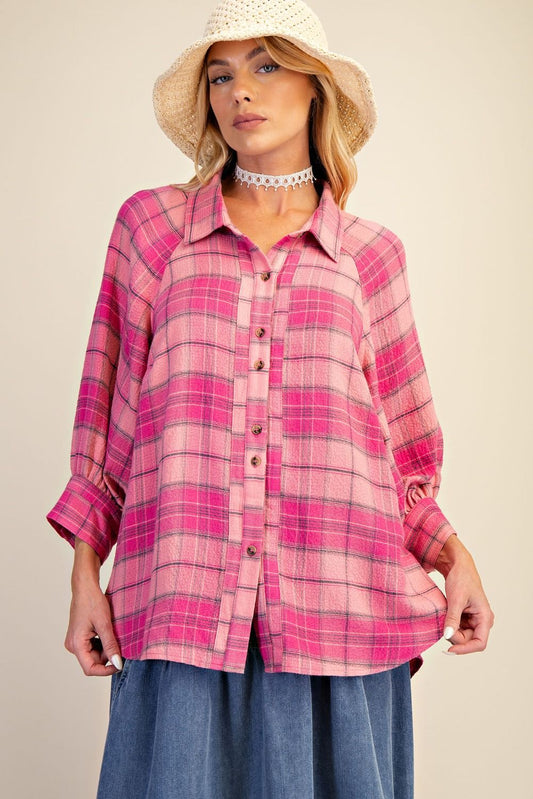 PINK PLAID WOVEN BUTTON DOWN SHIRT