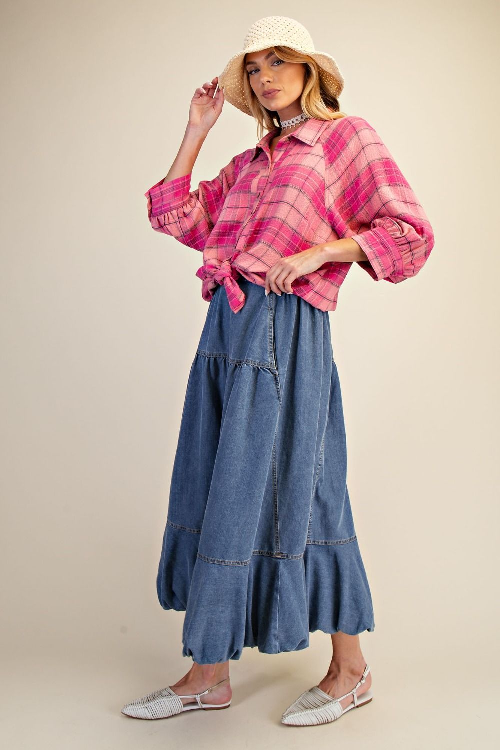 PINK PLAID WOVEN BUTTON DOWN SHIRT