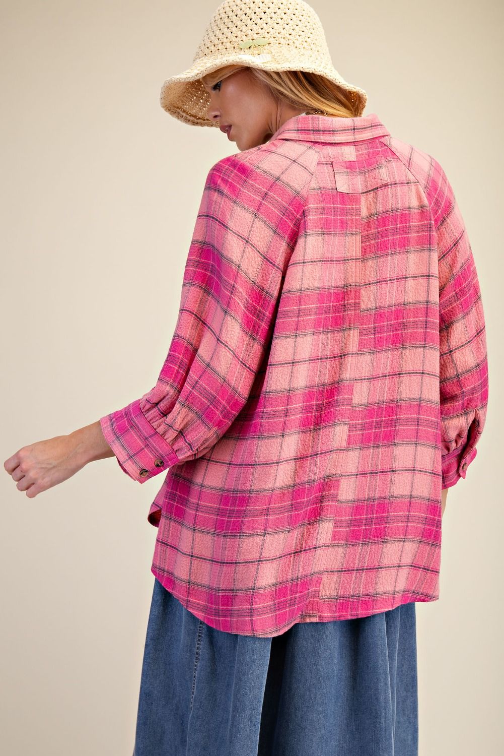 PINK PLAID WOVEN BUTTON DOWN SHIRT